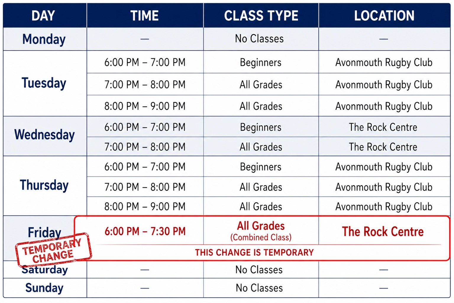 Kyoto - Karate Class Schedule - Temporary Change