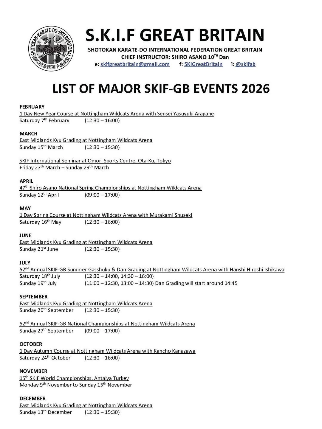 SKIF-GB Karate Calendar for 2026